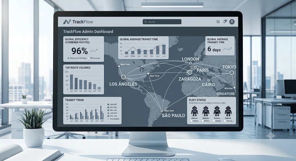 Dashboard operativo de TrackFlow con métricas de almacenes, envíos y rendimiento logístico
