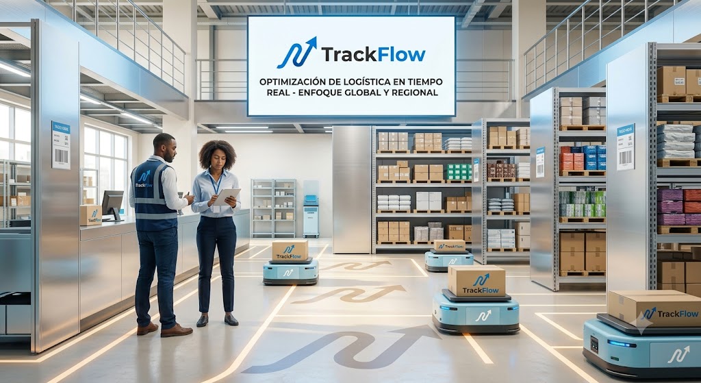 Equipo y operación logística de TrackFlow en entorno de almacén y distribución